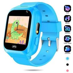 the children's smart watch is blue and features an image of a dinosaur on it