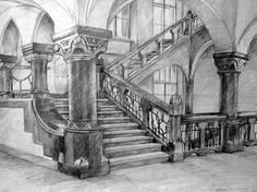 a pencil drawing of a staircase in a building