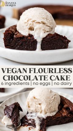 vegan flourless chocolate cake with ice cream on top