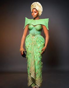 Luxury Traditional Pointed Shoulder Wedding Dress | Mint Green Aso Ebi – OTUNBA Aso Ebi Wedding, Luxurious Wedding Dress, Dramatic Veil, White Wedding Gowns, Tube Design