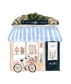 a watercolor painting of a cafe with a bicycle parked outside the front door and pink flowers on the awning