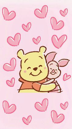 winnie the pooh and piggy hug in front of hearts on a pink background