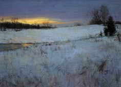 an oil painting of a snowy landscape at sunset