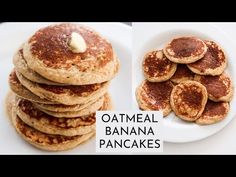 some pancakes on a plate with butter on top and the words oatmeal banana pancakes