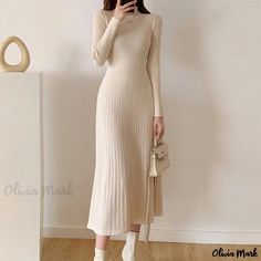 Olivia Mark - Luxurious Wrap-Around Style Dress with Mid-Calf Hemline and Discreet Closure High Neckline Dress, Knee Length Sweater, Party Midi Dress, Midi Dress For Women, Dresses Ladies, How To Fold Sleeves, Sweater Dresses, Ribbed Knit Dress, Midi Dress Party