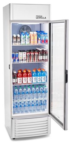 an open refrigerator filled with drinks and water