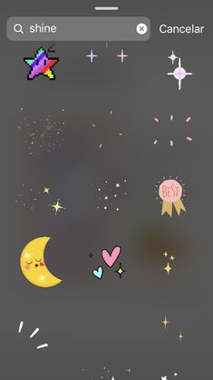 an iphone screen with some stickers on it and stars in the sky above them