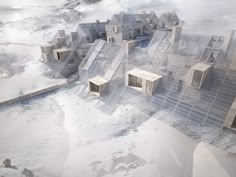 an artist's rendering of a futuristic city in the middle of snow covered mountains