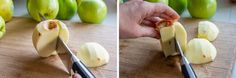 someone cutting up some food on top of a wooden cutting board with knifes and green apples in the background