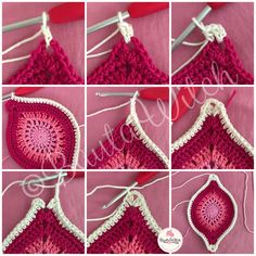 the crocheted triangle is being worked on