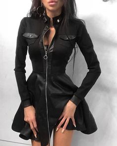 Mini Dress Casual, Black Long Sleeve Dress, Vestido Casual, Slim Dresses, Long Sleeve Mini, Leather Dress, Black Laces, White Casual, Types Of Skirts