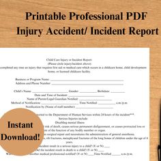 the printable accident incident report is shown on a wooden table with pen and paper