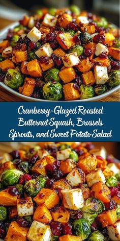 a plate full of roasted butternut squash, brussel sprouts and sweet potato salad