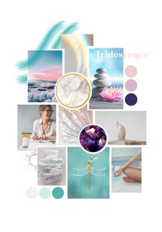 a collage of photos with different colors and shapes in the background, including pink, blue