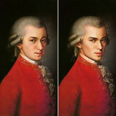 two pictures of a man in red and white with long hair wearing a red coat