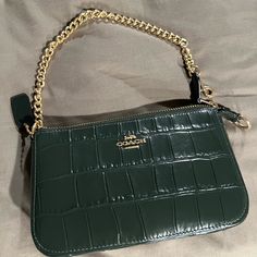 Never Used Nolita Green Croc Embossed Leather Gold Hardware New No Tag Green Textured Leather Coach Bag, Green Coach Shoulder Bag For Evening, Cute Green Bags, Luxury Leather Coach Clutch, Elegant Leather Clutch For Errands, Green Purses, Green Coach Purse, Coach Nolita, Bread Holder