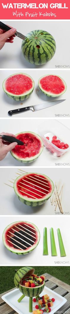 watermelon grill with fruits and vegetables on it is shown in three different views