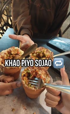 three people holding forks and eating food from paper cups with the words khao piyo solao on them