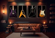 three guitars are hanging on the wall above a leather couch in a dark room with two candles