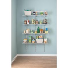 the pantry shelving is organized with various items