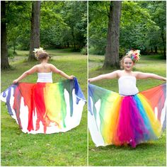 "Rainbow Tutu Dress This gorgeous colorful rainbow tutu on an unlined white crochet top! Detachable cape and feather headband are included with this tutu dress. Wear with a butterfly Halloween costume, use a photo prop, birthday party outfit, or just for play! Adult size is made as the skirt only. Full dresses are not available in adult size. Please note - cape size remains the same no matter what size dress is ordered. Standard Length Measurements - Underarm to bottom of the dress 3T - 4T 30\" Adult Tutu Skirt, Paint Splatter Dress, Butterfly Halloween Costume, Halloween Costume Adult, Butterfly Halloween, Tutu Skirt Kids, Detachable Cape, White Crochet Top, Rainbow Tutu