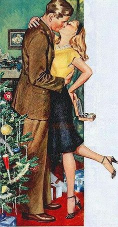 a man and woman kissing in front of a christmas tree