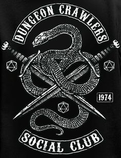 a black t - shirt with a snake and two crossed swords on the front that says dragon crawlers social club