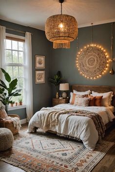 a bedroom with a large bed and lots of lights hanging from the ceiling above it