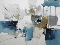 an abstract painting with blue and white colors