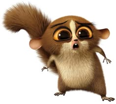 a cartoon squirrel with big eyes standing on one leg and looking up at the camera