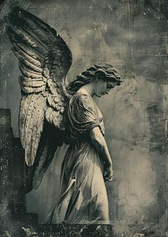 an angel statue standing in front of a wall