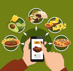 a hand holding a smart phone with food on the screen and icons above it in circles