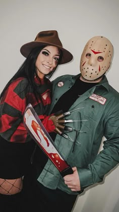 a man and woman dressed up as the characters from friday night's horror movie