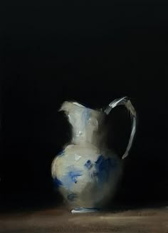 a painting of a blue and white vase on a black background, with one corner missing