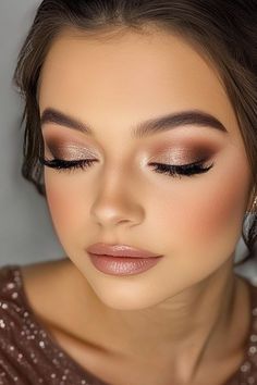 Makeup Ideas Champagne Dress, Eyeshadow Glam Looks, Smokey Pink Makeup, Edgy Glam Makeup, New Years Eve Eyeshadow Looks, Gold Bride Makeup, Makeup Look For Gold Dress, Bridesmaid Makeup Gold, Makeup For A Gold Dress