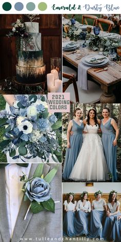 a collage of photos with blue flowers and greenery in the center, two bridesmaids standing next to each other