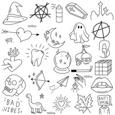 a drawing of different things that can be seen in the image, including symbols and words