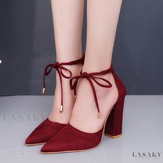 Lasaky - Pointed Toe Suede High Heels with Straps and Chunky Heel Pumps High Heels With Straps, Shoes Affordable, Heels With Ankle Strap, Ankle Strap Chunky Heels, Rough Heels, Preppy Shoes, Lace Up High Heels, Chunky Heel Pumps, Ankle Strap Sandals Heels