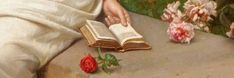 a painting of a person holding an open book with a rose on the table next to it