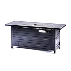 a black table with an open lid on the top and two drawers at the bottom