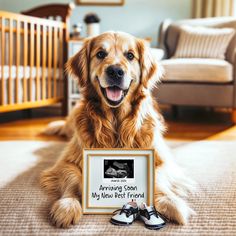 a dog sitting on the floor next to a sign