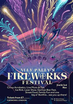 an advertisement for the firework festival with fireworks in the sky and two people jumping into the air