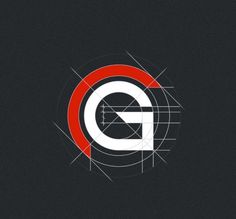 the letter g in a circle with lines and circles around it on a black background