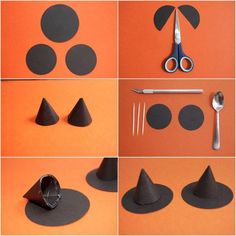 several pictures of different shapes and sizes of paper hats with scissors, tape, and glue on an orange background