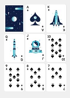 playing cards with space and rockets in the middle, on top of each card are four different