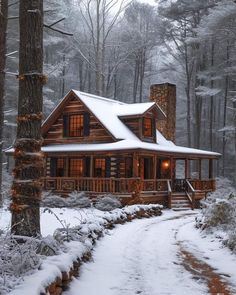 a log cabin in the woods with snow on the ground and lights on it's windows