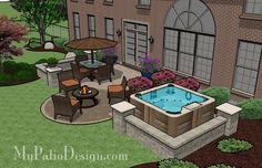 an outdoor hot tub surrounded by patio furniture