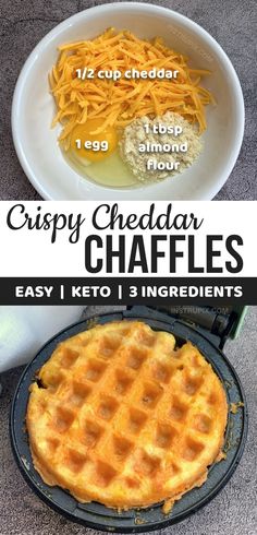 the recipe for crispy cheddar waffles is shown