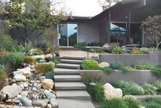 a house that has some rocks and plants in front of the steps leading up to it