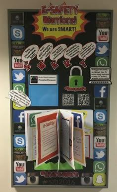 an open book with social media icons on it and the words e - safety without we are smart